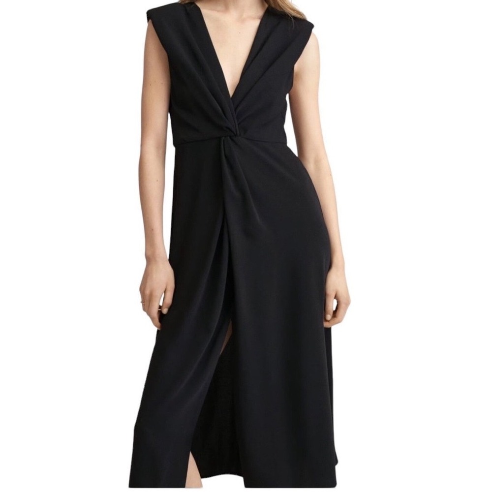 Mango MNG Black‎ Twist Wrap V Neck Sleeveless Midi Dress Slit size 2